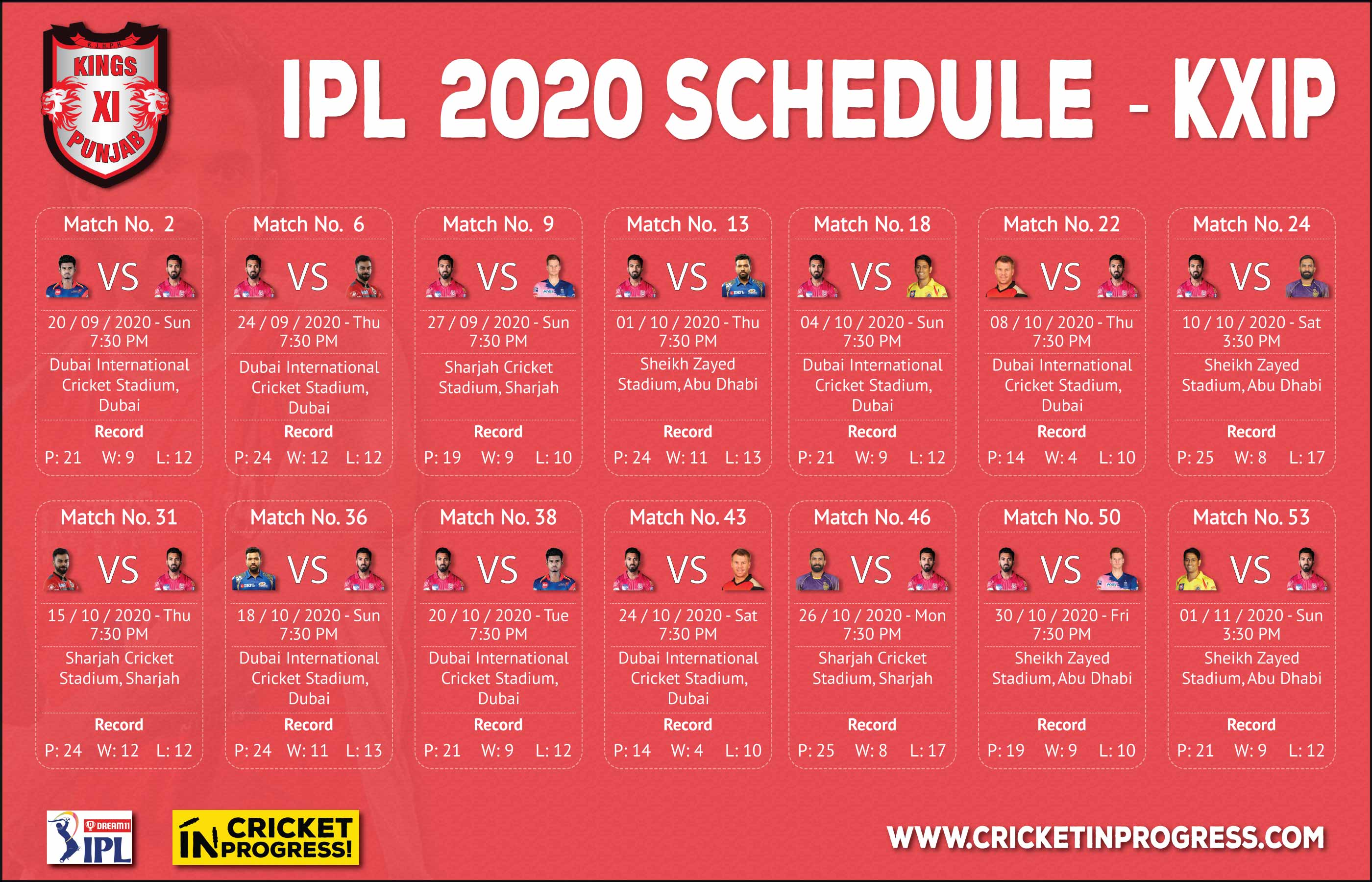 IPL 2020 KXIP Schedule