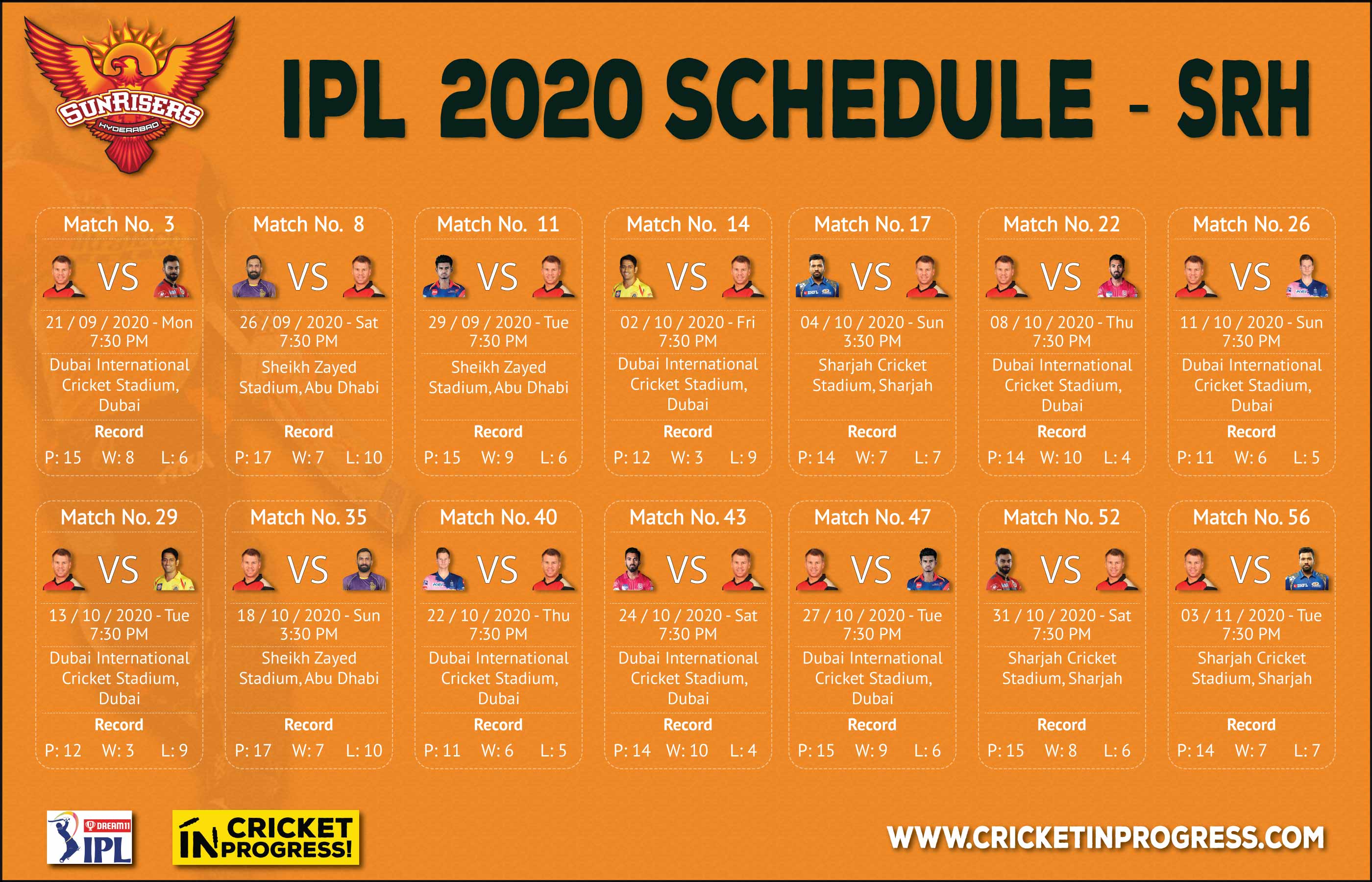 IPL 2020 SRH Schedule